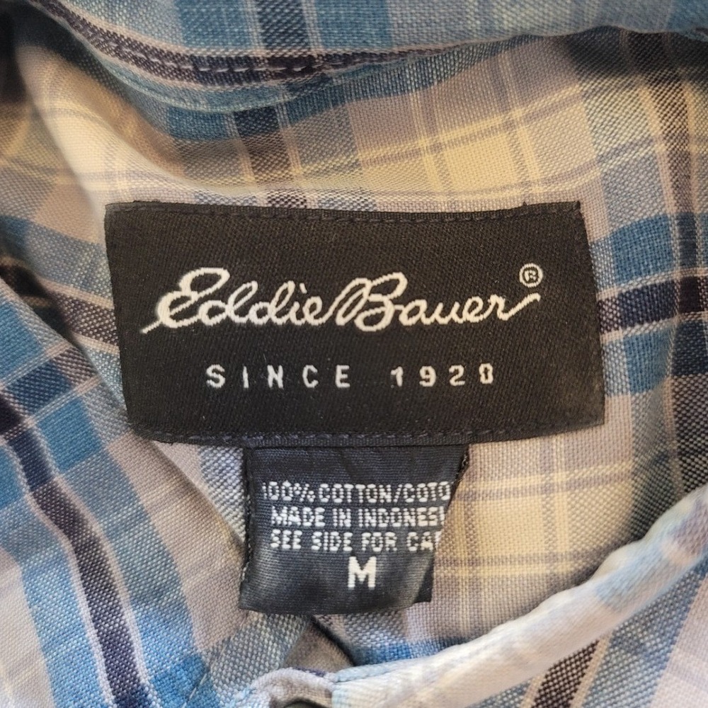 Eddie Bauer Plaid Shirt Mens Medium Blue Short Sleeve Button Down Cotton Hiking - Picture 4 of 12